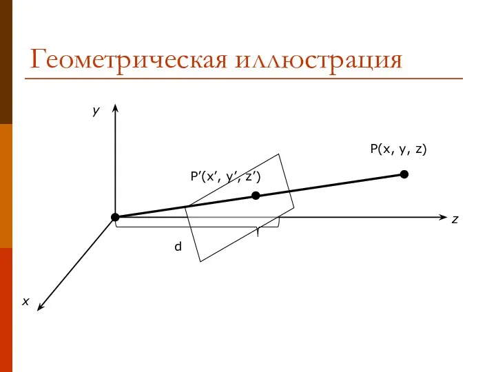 Геометрическая иллюстрация y x z P’(x’, y’, z’) P(x, y, z) d
