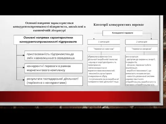 Основні напрями характеристики конкурентоспроможності підприємств, висвітлені в економічній літературі Категорії конкурентних переваг