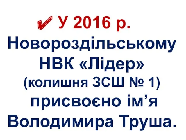 У 2016 р. Новороздільському НВК «Лідер» (колишня ЗСШ № 1) присвоєно ім’я Володимира Труша.