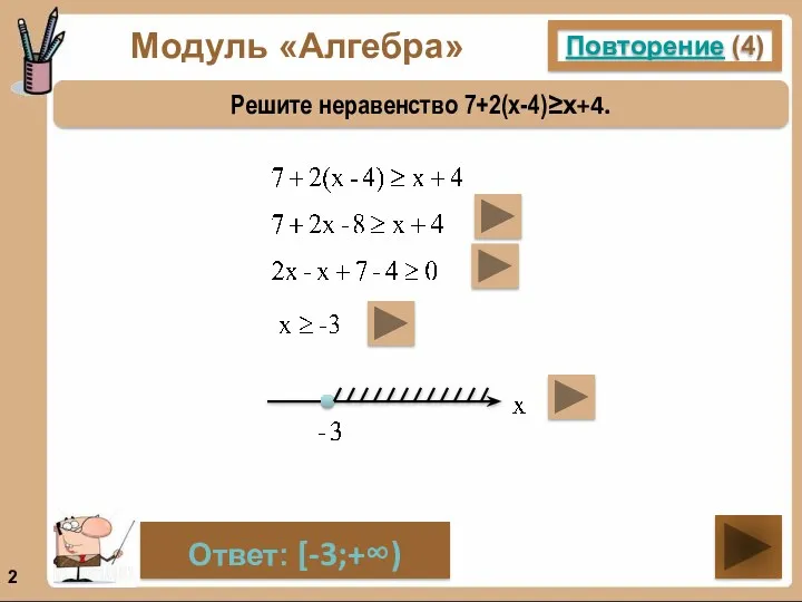 Модуль «Алгебра» Повторение (4) Решите неравенство 7+2(х-4)≥х+4. Ответ: [-3;+∞)