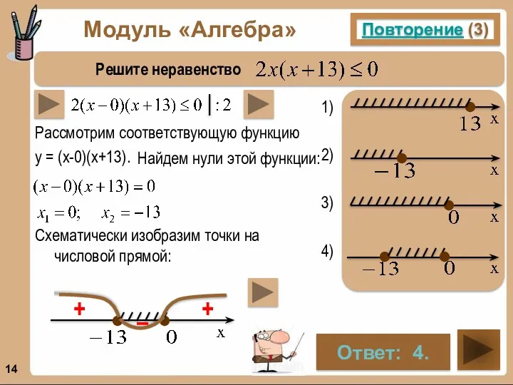 Модуль «Алгебра» Повторение (3) Решите неравенство Ответ: 4. . .