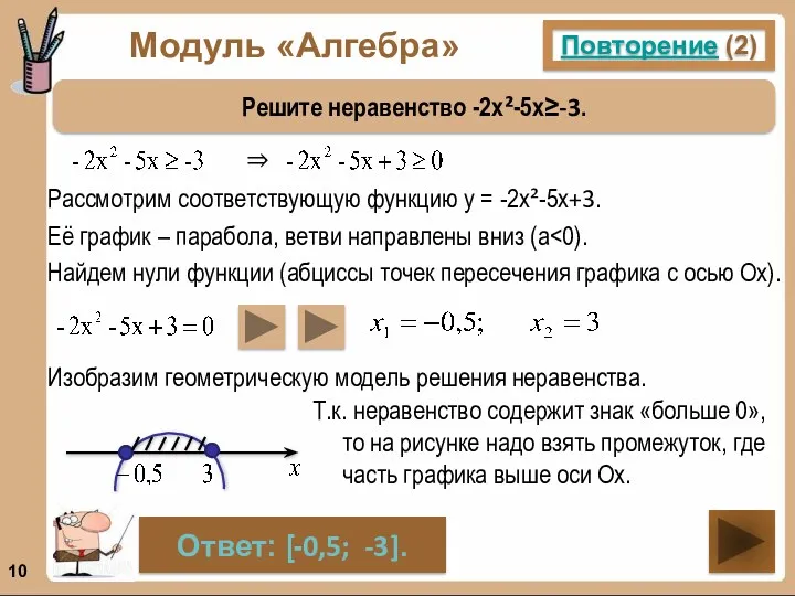 Модуль «Алгебра» Повторение (2) Решите неравенство -2х²-5х≥-3. Ответ: [-0,5; -3].