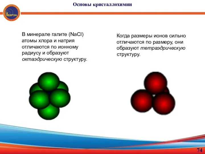 Основы кристаллохимии В минерале галите (NaCl) атомы хлора и натрия