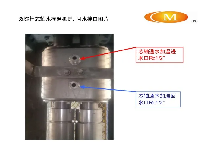 双螺杆芯轴水模温机进、回水接口图片 芯轴通水加温进水口Rc1/2” 芯轴通水加温回水口Rc1/2”