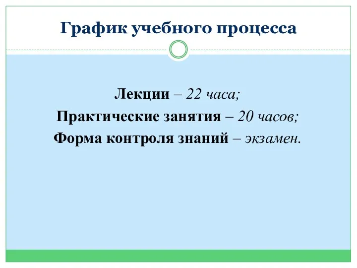 График учебного процесса Лекции – 22 часа; Практические занятия –