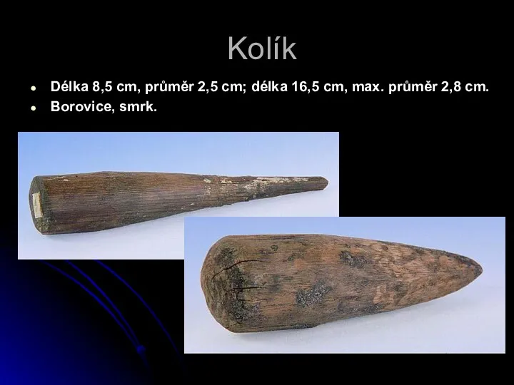 Kolík Délka 8,5 cm, průměr 2,5 cm; délka 16,5 cm, max. průměr 2,8 cm. Borovice, smrk.