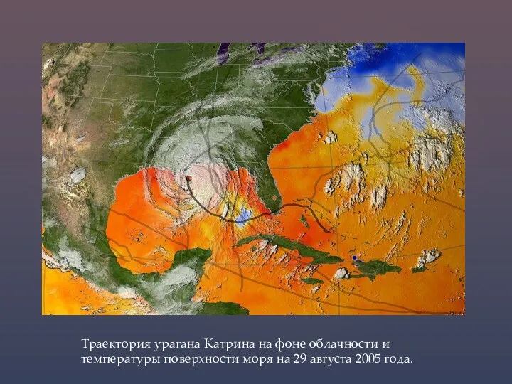 Траектория урагана Катрина на фоне облачности и температуры поверхности моря на 29 августа 2005 года.