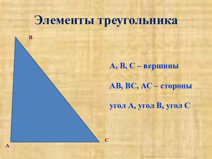 Элементы треугольника А, В, С – вершины АВ, ВС, АС
