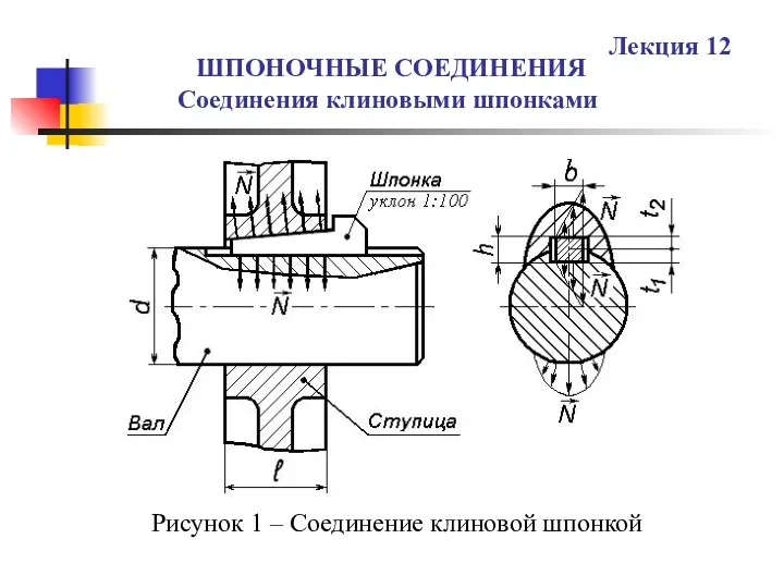 ШПОНОЧНЫЕ СОЕДИНЕНИЯ Соединения клиновыми шпонками Лекция 12 Рисунок 1 – Соединение клиновой шпонкой