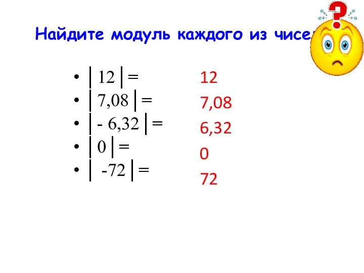 Найдите модуль каждого из чисел: 12 7,08 6,32 0 72