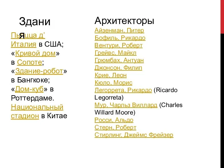 Пьяцца д’Италия в США; «Кривой дом» в Сопоте; «Здание-робот» в