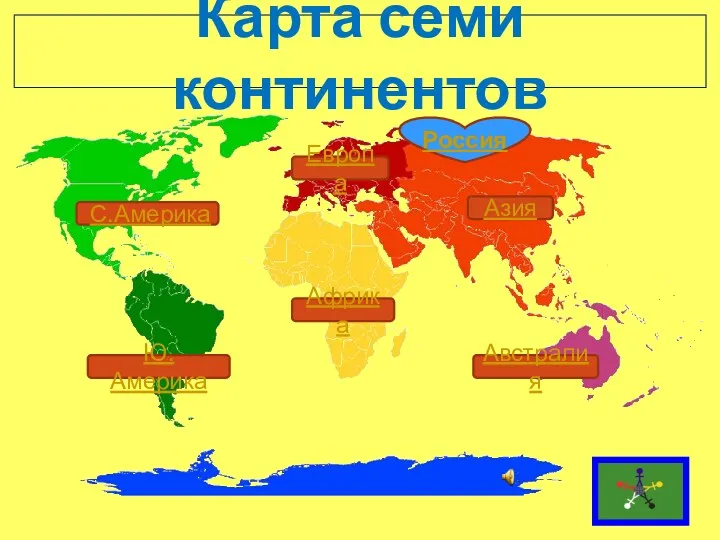 Карта семи континентов Азия Европа Африка Австралия С.Америка Ю.Америка Россия