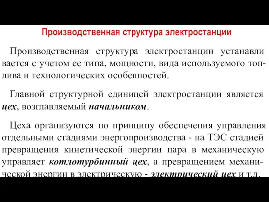 Производственная структура электростанции Производственная структура электростанции устанавли­вается с учетом ее