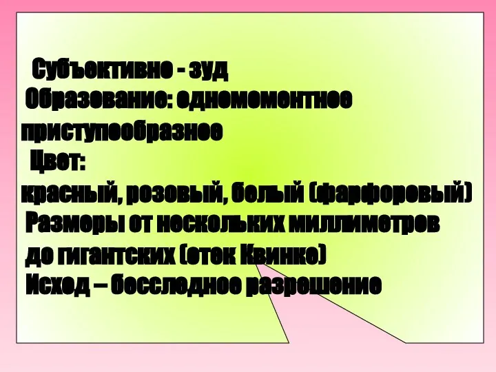 Субъективно - зуд Образование: одномоментное приступообразное Цвет: красный, розовый, белый