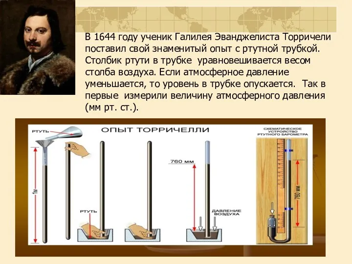 В 1644 году ученик Галилея Эванджелиста Торричели поставил свой знаменитый