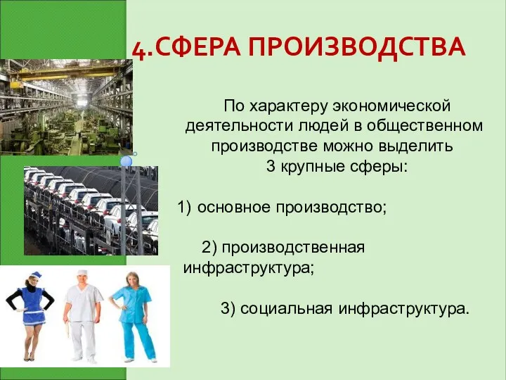 4.СФЕРА ПРОИЗВОДСТВА По характеру экономической деятельности людей в общественном производстве