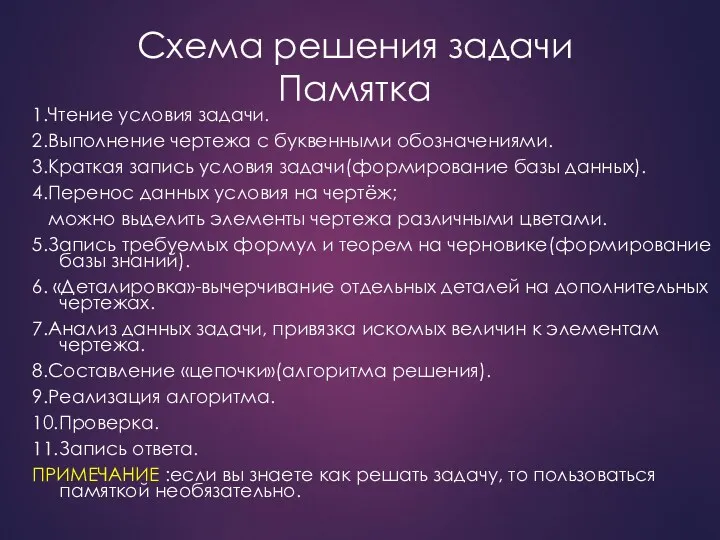 Схема решения задачи Памятка 1.Чтение условия задачи. 2.Выполнение чертежа с