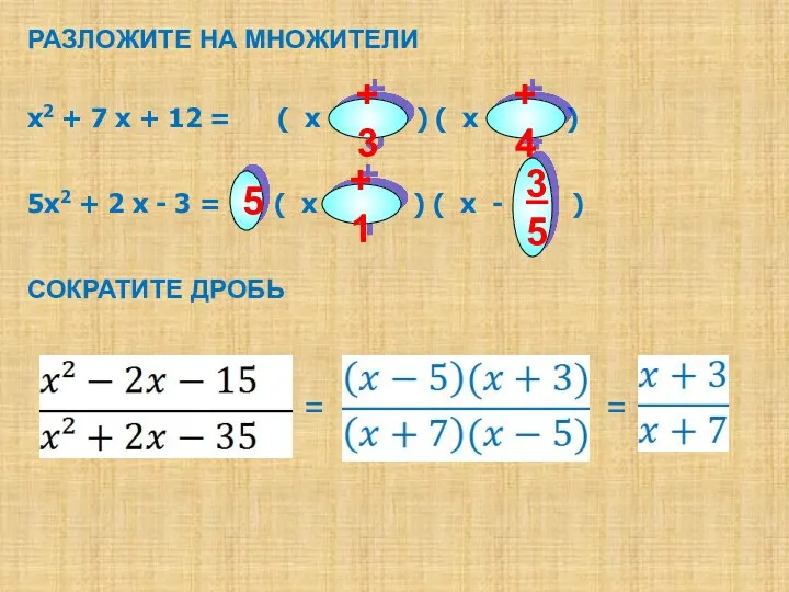 СОКРАТИТЕ ДРОБЬ РАЗЛОЖИТЕ НА МНОЖИТЕЛИ х2 + 7 х +