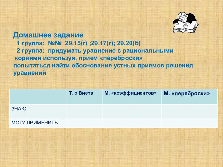 Домашнее задание 1 группа: №№ 29.15(г) ;29.17(г); 29.20(б) 2 группа: