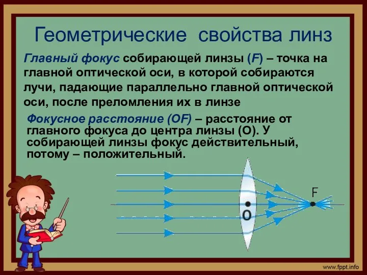 Геометрические свойства линз Главный фокус собирающей линзы (F) – точка