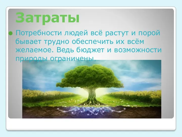 Затраты Потребности людей всё растут и порой бывает трудно обеспечить