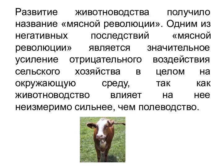 Развитие животноводства получило название «мясной революции». Одним из негативных последствий