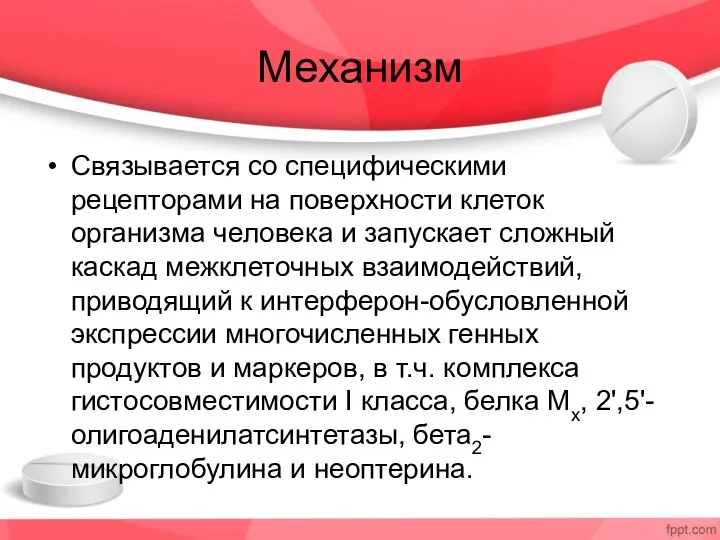 Механизм Связывается со специфическими рецепторами на поверхности клеток организма человека