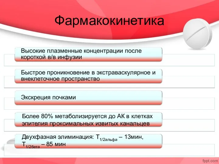 Фармакокинетика Более 80% метаболизируется до АК в клетках эпителия проксимальных