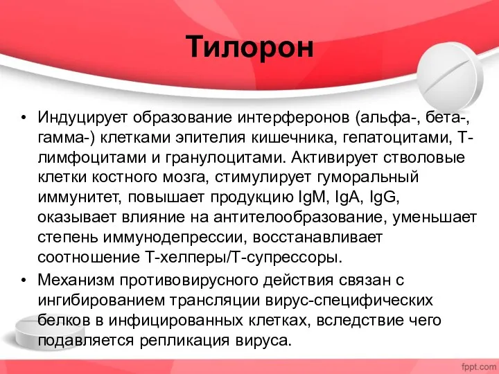 Тилорон Индуцирует образование интерферонов (альфа-, бета-, гамма-) клетками эпителия кишечника,