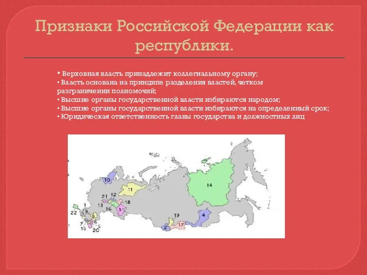 Признаки Российской Федерации как республики. • Верховная власть принадлежит коллегиальному органу; • Власть