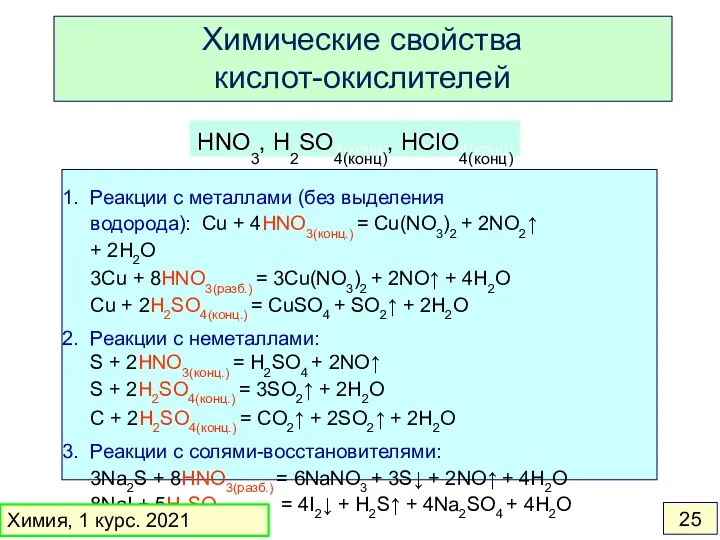 Химические свойства кислот-окислителей HNO3, H2SO4(конц), HClO4(конц) Реакции с металлами (без