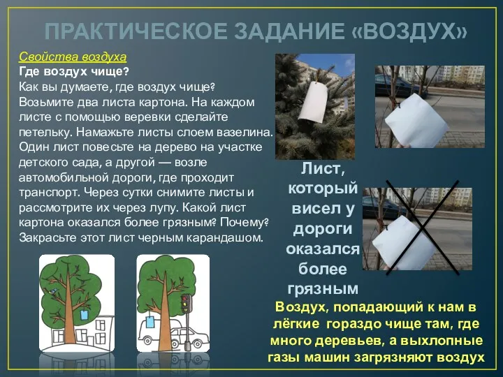 ПРАКТИЧЕСКОЕ ЗАДАНИЕ «ВОЗДУХ» Воздух, попадающий к нам в лёгкие гораздо чище там, где