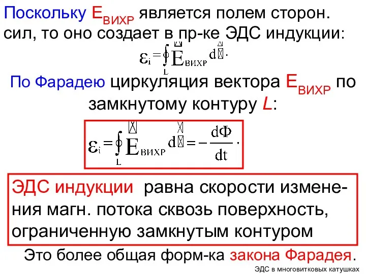 По Фарадею циркуляция вектора ЕВИХР по замкнутому контуру L: Поскольку