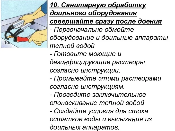 10. Санитарную обработку доильного оборудования совершайте сразу после доения - Первоначально обмойте оборудование