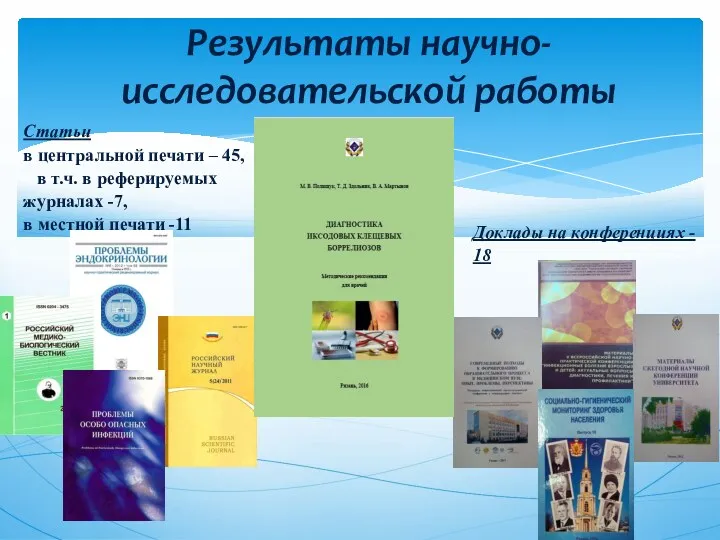 Результаты научно-исследовательской работы Статьи в центральной печати – 45, в