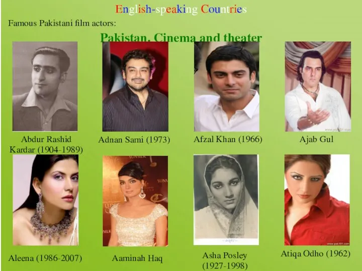 English-speaking Countries Pakistan. Cinema and theater Famous Pakistani film actors: