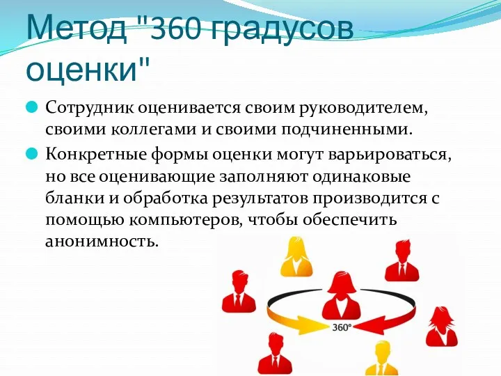 Метод "360 градусов оценки" Сотрудник оценивается своим руководителем, своими коллегами и своими подчиненными.