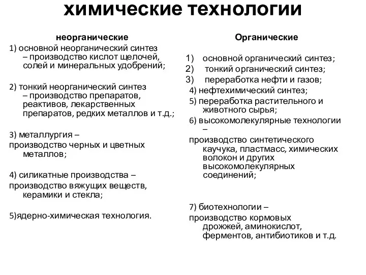 химические технологии неорганические 1) основной неорганический синтез – производство кислот