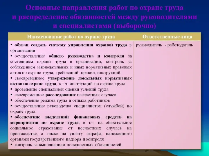 Основные направления работ по охране труда и распределение обязанностей между руководителями и специалистами (выборочно)