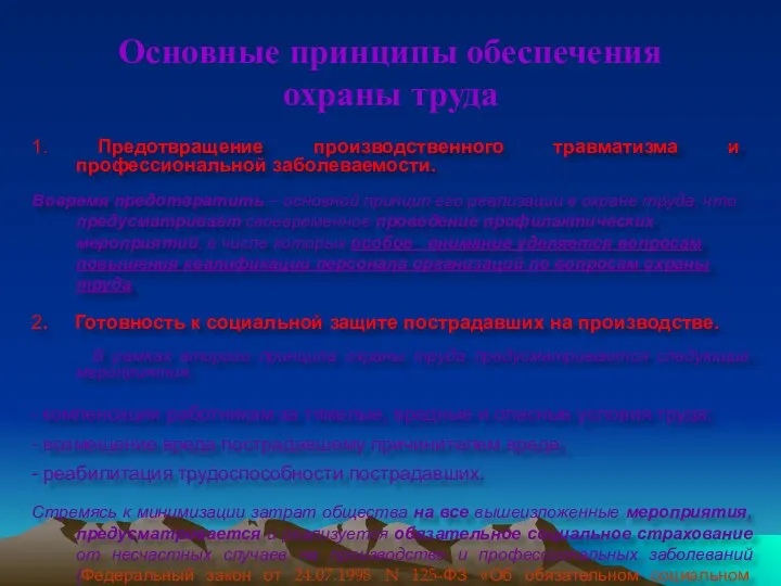 Основные принципы обеспечения охраны труда 1. Предотвращение производственного травматизма и