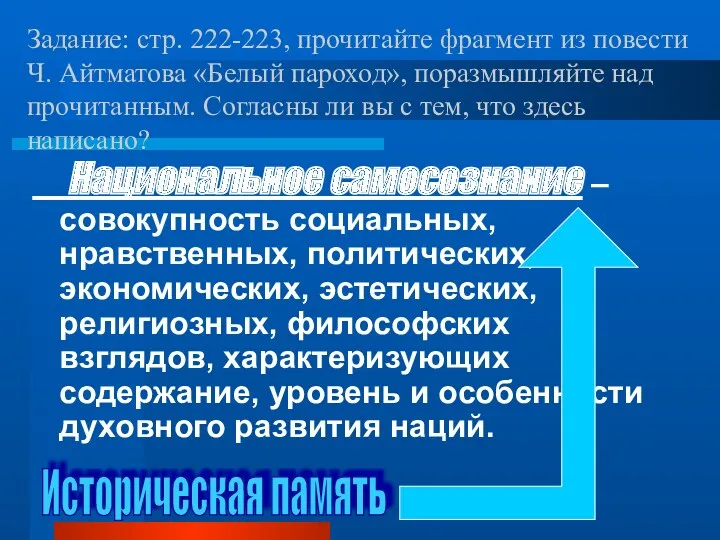 Задание: стр. 222-223, прочитайте фрагмент из повести Ч. Айтматова «Белый