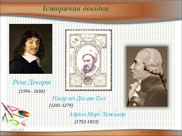 Історична довідка Рене Декарт (1596 - 1650) Насір ад-Дін ат-Тусі (1201-1274) Адріє́н Марі́ Лежа́ндр (1752-1833) 12.01.2021