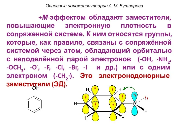 +М-эффектом обладают заместители, повышающие электронную плотность в сопряженной системе. К