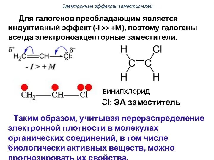 Для галогенов преобладающим является индуктивный эффект (-I >> +M), поэтому