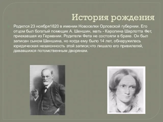 История рождения Родился 23 ноября1820 в имении Новоселки Орловской губернии. Его отцом был