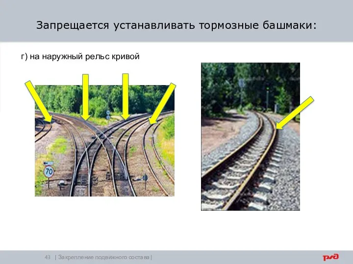 | Закрепление подвижного состава| г) на наружный рельс кривой Запрещается устанавливать тормозные башмаки: