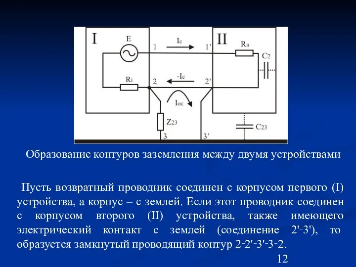 Образование контуров заземления между двумя устройствами Пусть возвратный проводник соединен