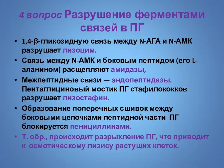 4 вопрос Разрушение ферментами связей в ПГ 1,4-β-гликозидную связь между