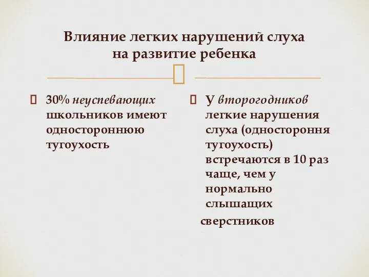 Влияние легких нарушений слуха на развитие ребенка 30% неуспевающих школьников имеют одностороннюю тугоухость