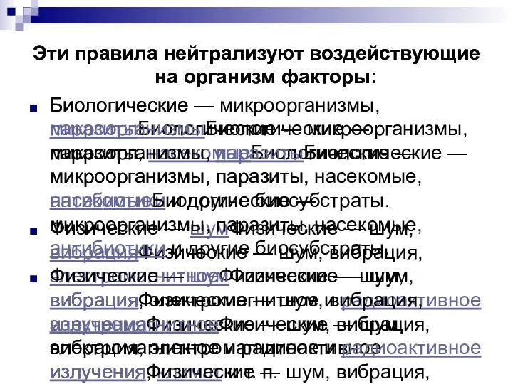 Эти правила нейтрализуют воздействующие на организм факторы: Биологические — микроорганизмы, паразитыБиологические — микроорганизмы,